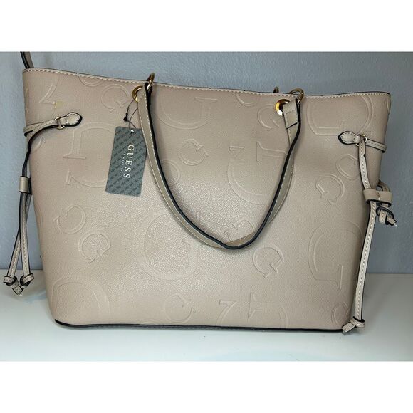 GUESS Melrose Ave Taupe Embossed Logo Tote Bag Handbag Purse Designer Fashion - Picture 2 of 8